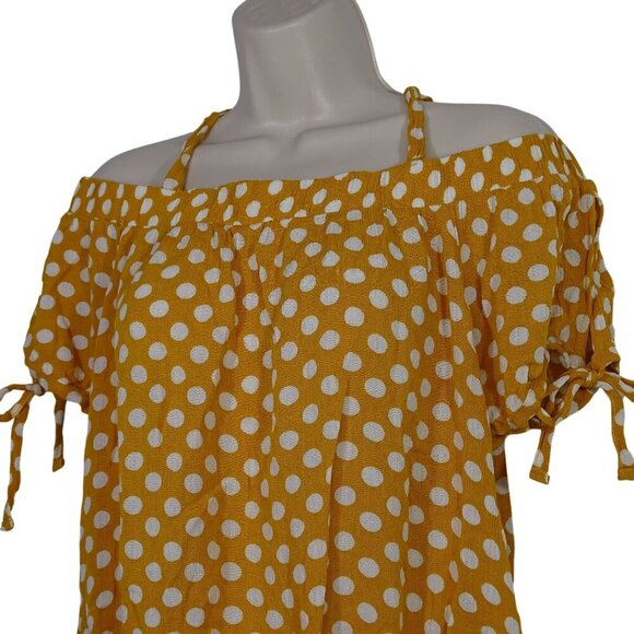 Almost Famous Yellow Gold Polka Dot Off-Shoulder Crop Top Blouse Women Size L - Picture 2 of 6